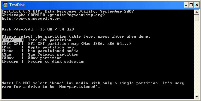 menu partition table type